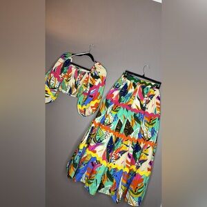 Tropical Multicolor Palms’ Away Skirt Set size women XS scalloped trim